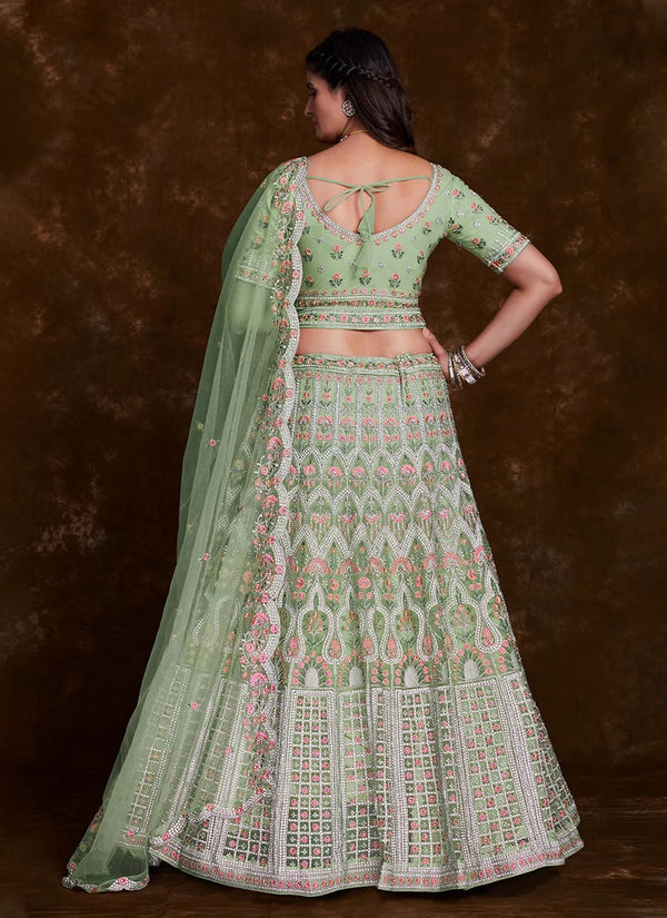 Green Net Zarkan and Thread designer bridal lehenga Clothsvilla