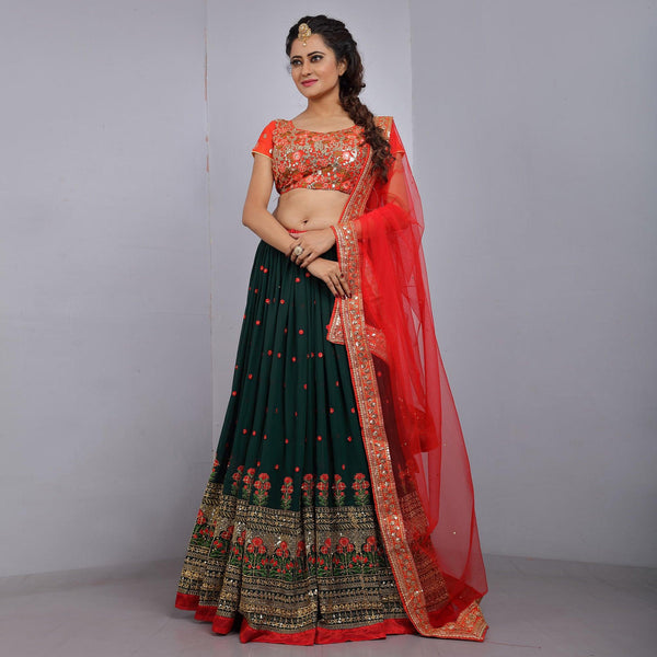 Demanding Mustard Yellow Colored Partywear Embroidered Netted Lehenga
