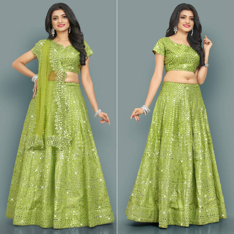 Green Partywear Thread With Mirror Embroidery Chiffon Lehenga Choli Clothsvilla Main image