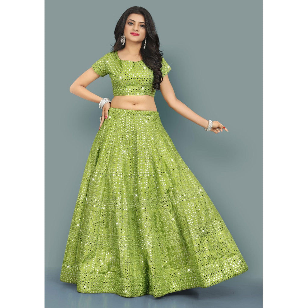 Green Partywear Thread With Mirror Embroidery Chiffon Lehenga Choli Clothsvilla