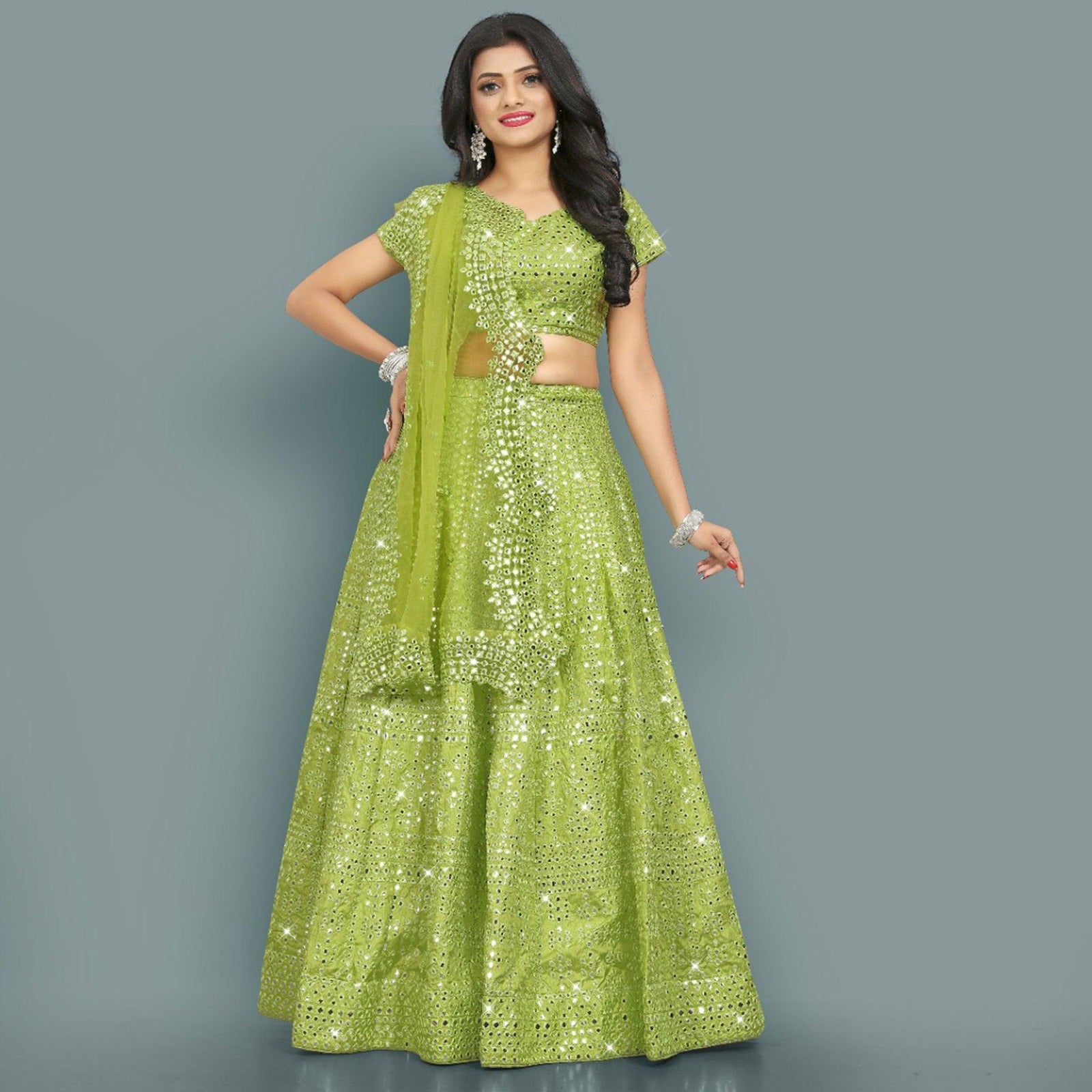 Green Partywear Thread With Mirror Embroidery Chiffon Lehenga Choli Clothsvilla