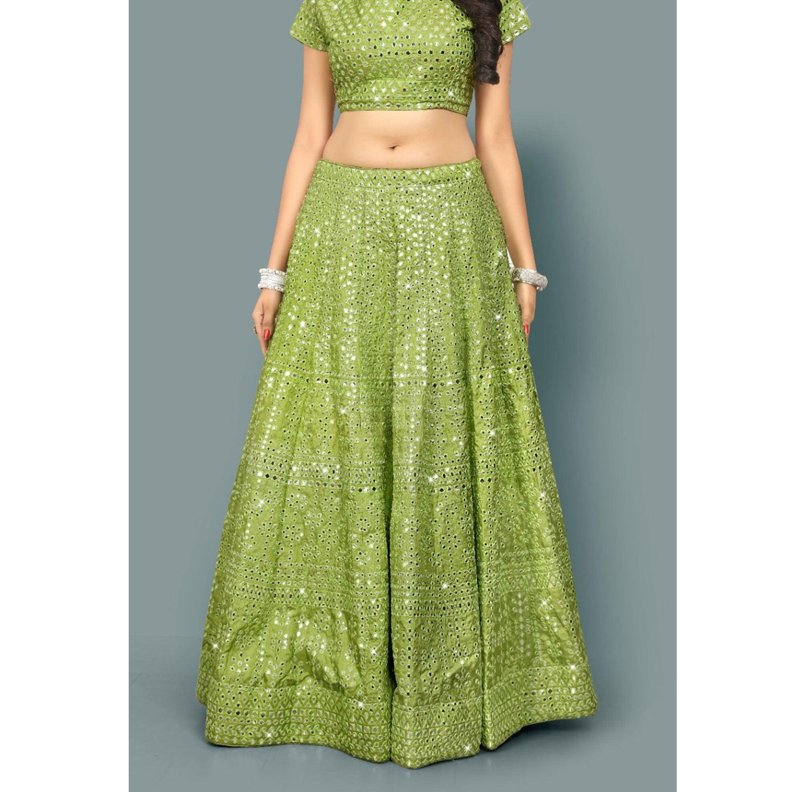 Green Partywear Thread With Mirror Embroidery Chiffon Lehenga Choli Clothsvilla