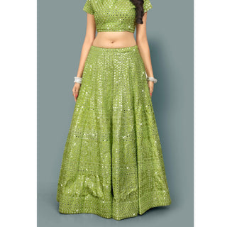 Green Partywear Thread With Mirror Embroidery Chiffon Lehenga Choli Clothsvilla