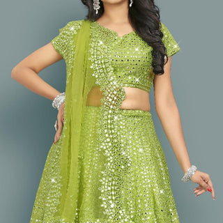 Green Partywear Thread With Mirror Embroidery Chiffon Lehenga Choli Clothsvilla