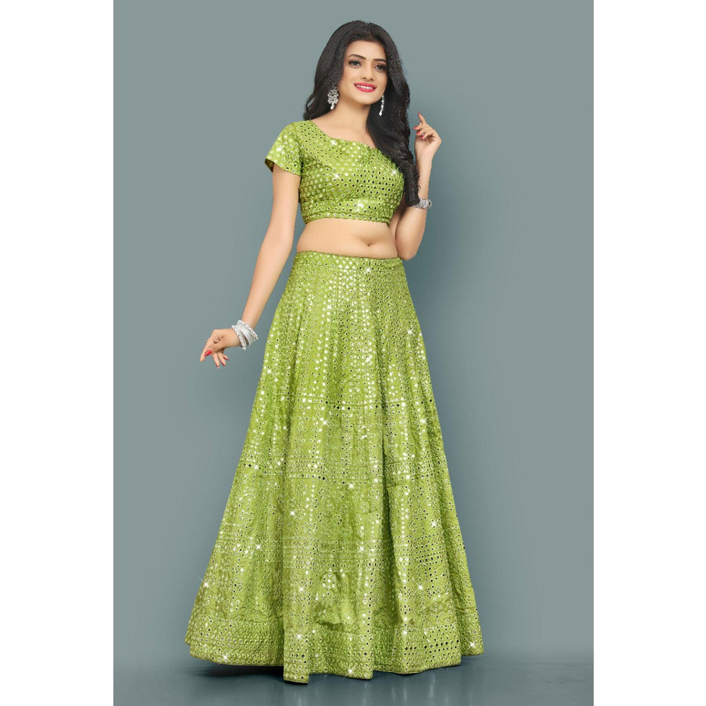 Green Partywear Thread With Mirror Embroidery Chiffon Lehenga Choli Clothsvilla