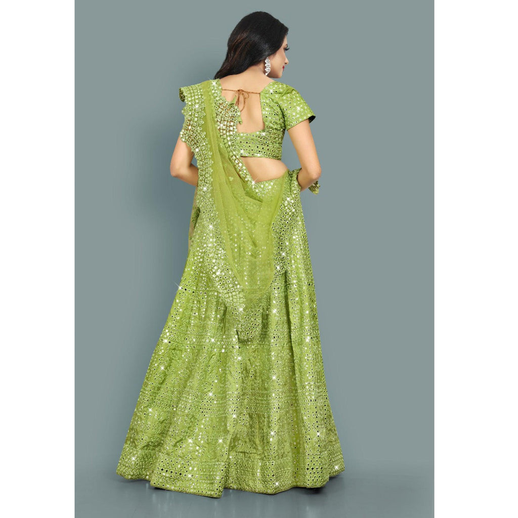 Green Partywear Thread With Mirror Embroidery Chiffon Lehenga Choli Clothsvilla
