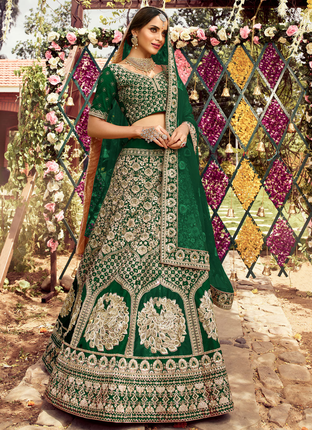 Raw Silk Patch Border Lehenga Choli In Green Clothsvilla