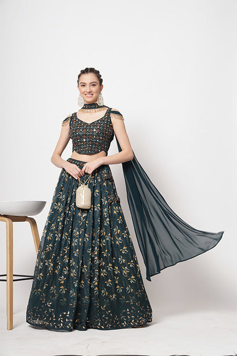 Green Chinon Silk Print With Sequins Embroidered Work Lehenga Choli ClothsVilla.com Main image