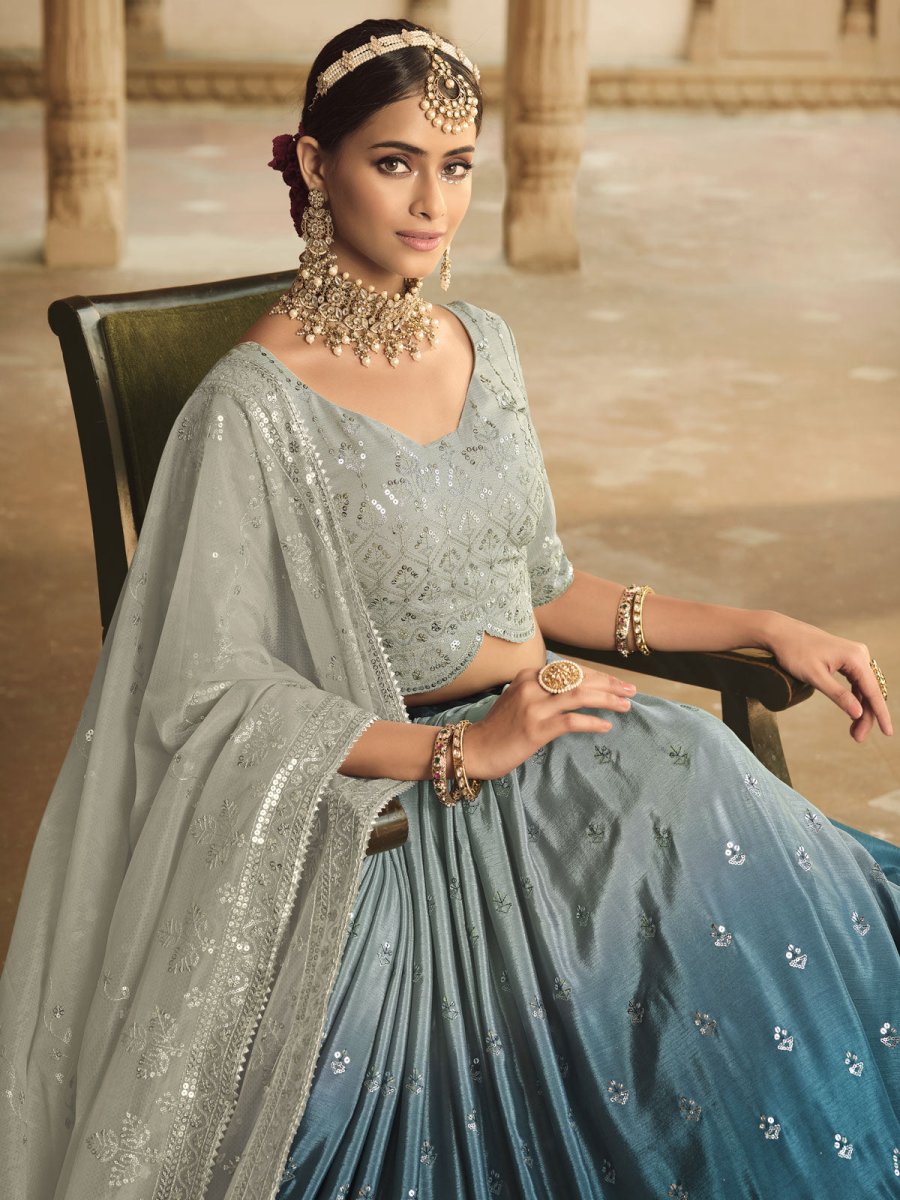 Grey and Teal Blue Silk Embroidered Lehenga Choli Clothsvilla