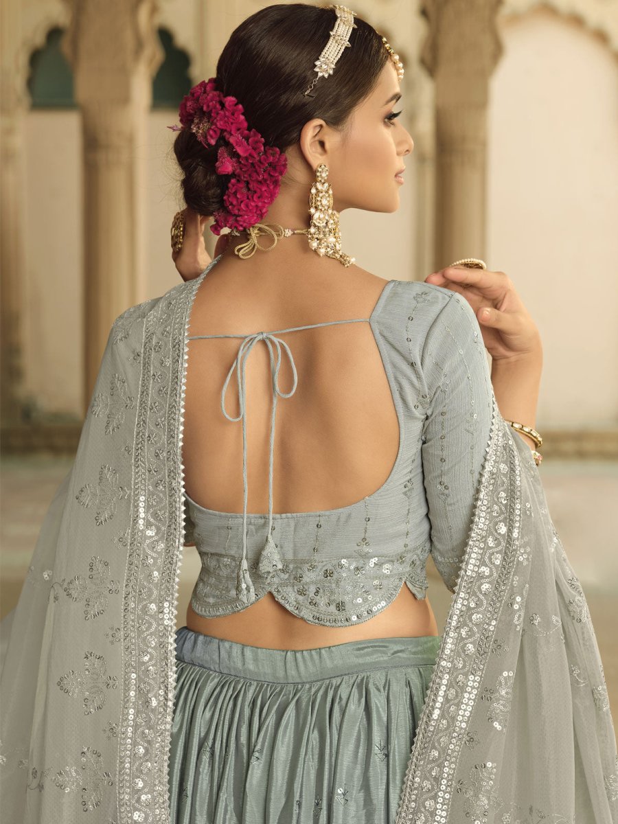 Grey and Teal Blue Silk Embroidered Lehenga Choli Clothsvilla