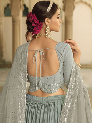 Grey and Teal Blue Silk Embroidered Lehenga Choli Clothsvilla