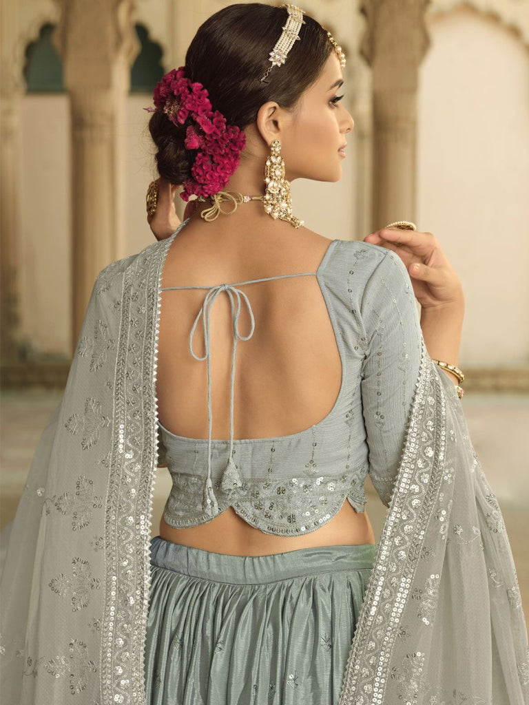 Buy Grey Embroidered V Neck Embellished Blouse And Lehenga Set For Women by  Seema Gujral Online at Aza Fashions.