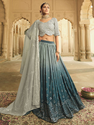 Grey and Teal Blue Silk Embroidered Lehenga Choli Clothsvilla