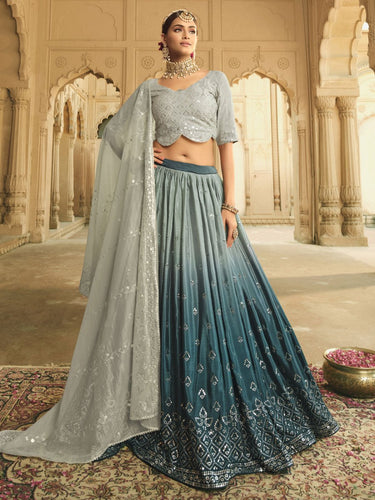 Grey and Teal Blue Silk Embroidered Lehenga Choli Clothsvilla