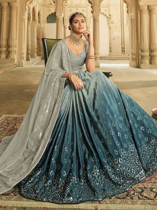 Grey and Teal Blue Silk Embroidered Lehenga Choli Clothsvilla