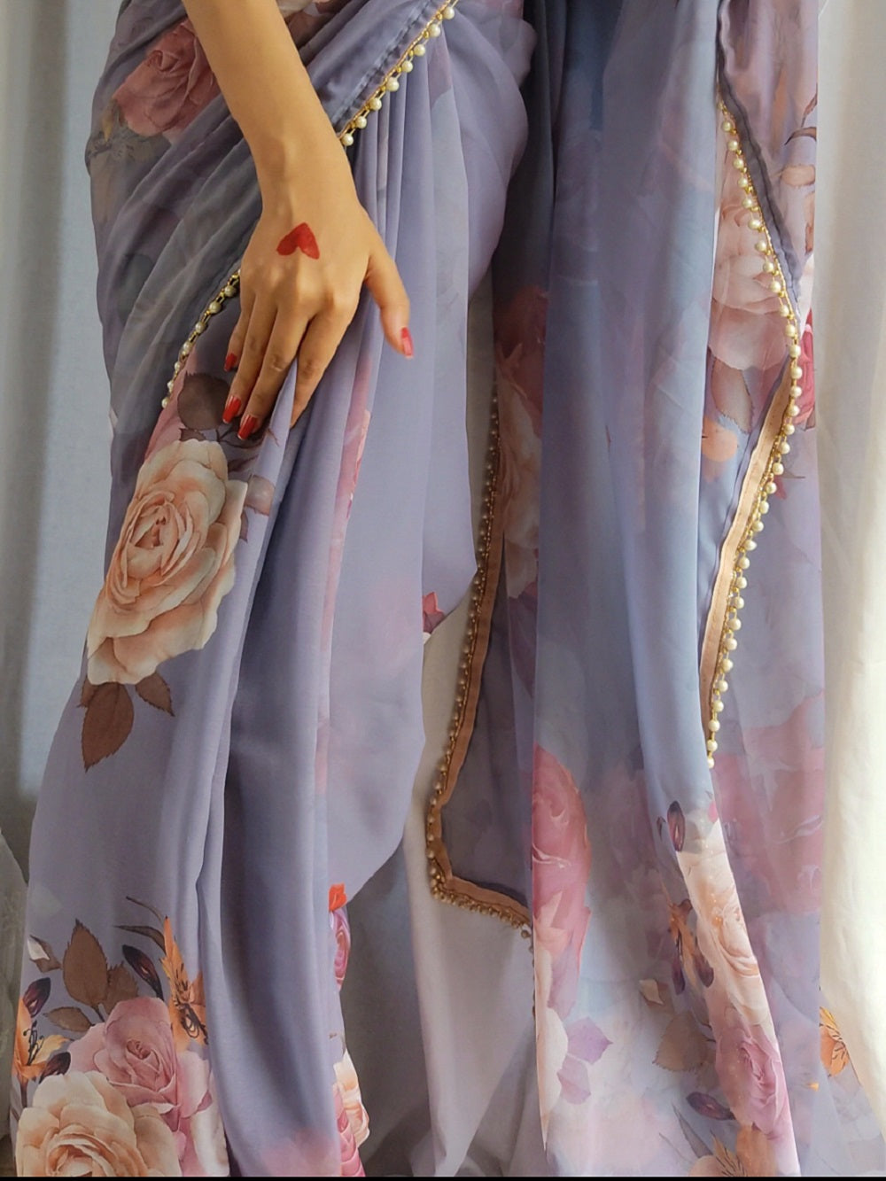 Grey Color Printed With Pearl Lace Border Georgette Saree Clothsvilla