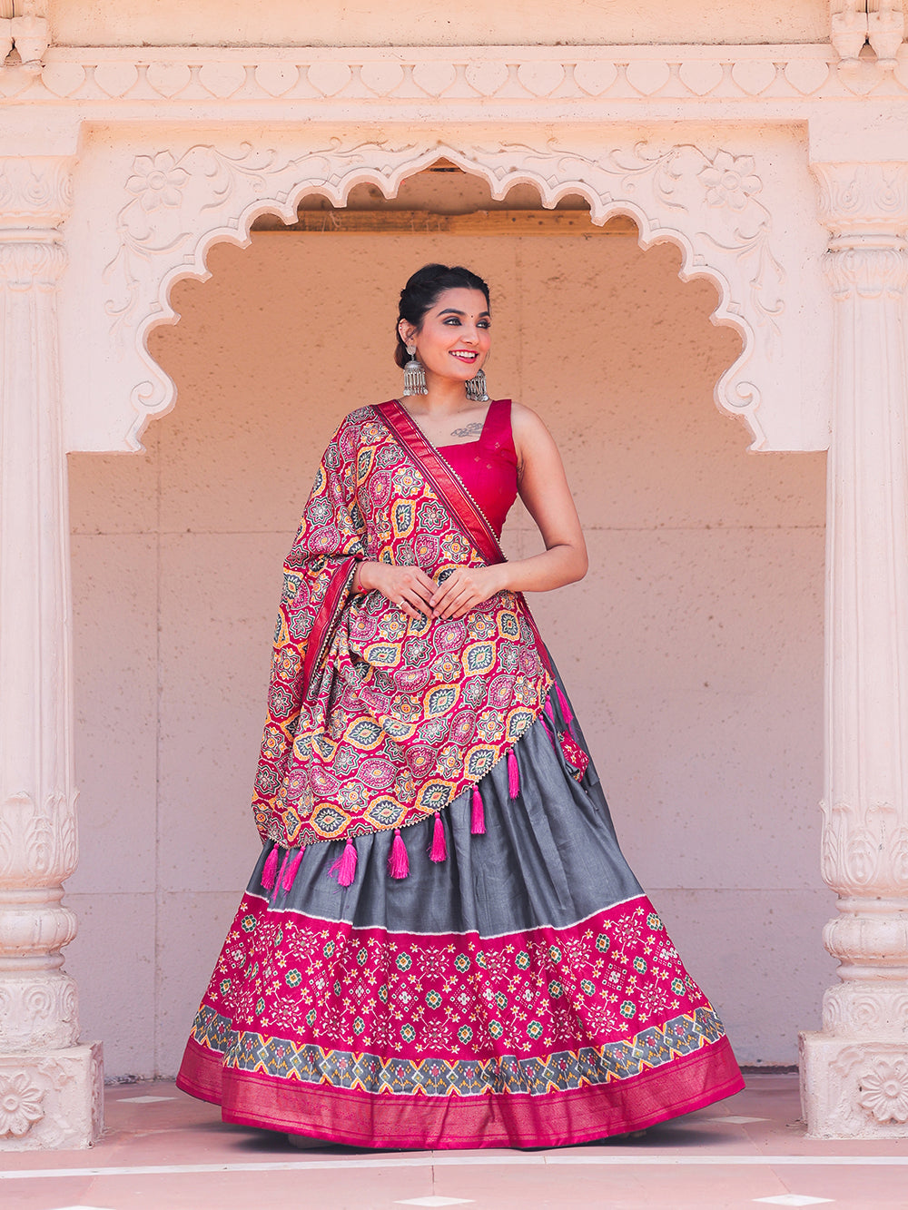 Grey Color Printed With Foil Work Dola Silk Lehenga Choli Clothsvilla