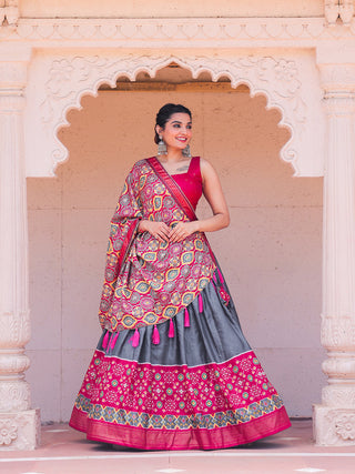 Grey Color Printed With Foil Work Dola Silk Lehenga Choli Clothsvilla
