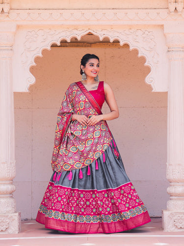 Grey Color Printed With Foil Work Dola Silk Lehenga Choli Clothsvilla