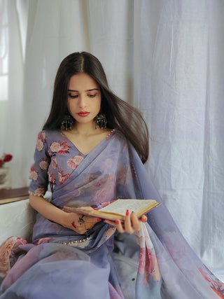 Grey Color Printed With Pearl Lace Border Georgette Saree Clothsvilla