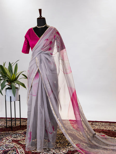 Grey Color Floral & Foil Printed Organza Saree Clothsvilla Main image