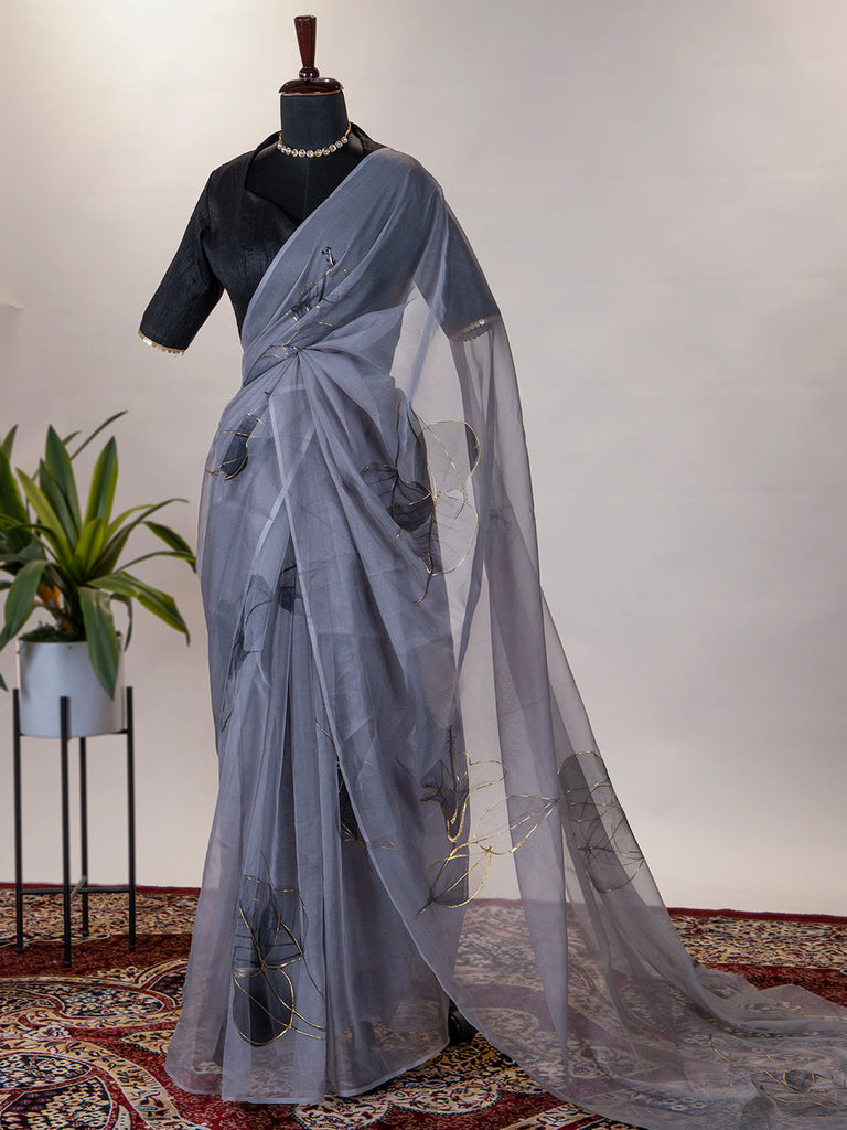 Grey Color Floral & Foil Print Organza Saree Clothsvilla
