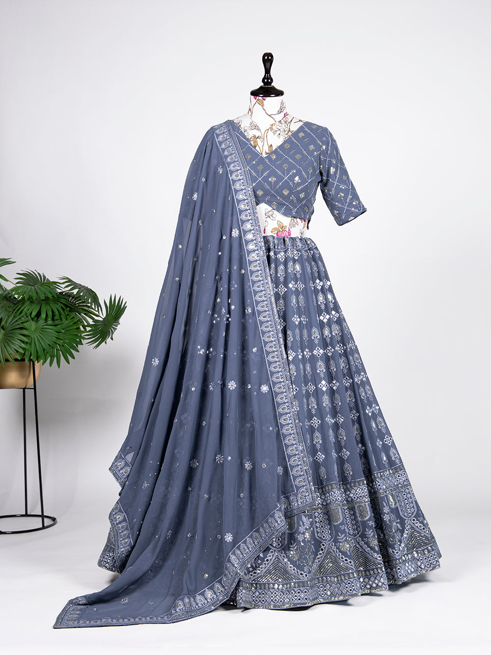 Grey Color Lucknowi Sequins And Paper Mirror Work Georgette Lehenga Choli ClothsVilla.com