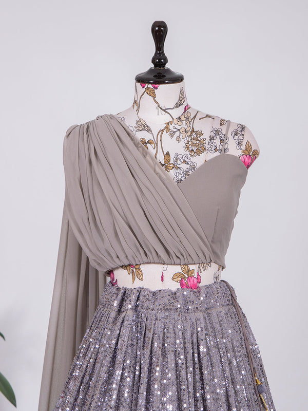 Grey Color Sequins And Thread Work Georgette Lehenga Choli Clothsvilla