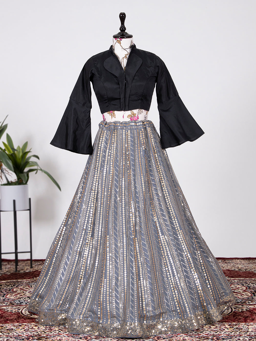 Grey Color Sequins And Thread Embroidery Work Georgette Lehenga Choli Clothsvilla