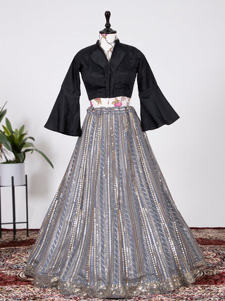 Grey Color Sequins And Thread Embroidery Work Georgette Lehenga Choli Clothsvilla