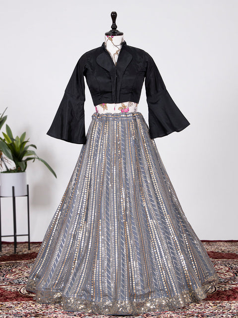 Grey Color Sequins And Thread Embroidery Work Georgette Lehenga Choli Clothsvilla Main image