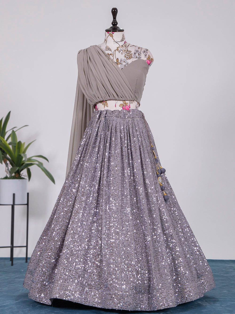 Grey Color Sequins And Thread Work Georgette Lehenga Choli Clothsvilla