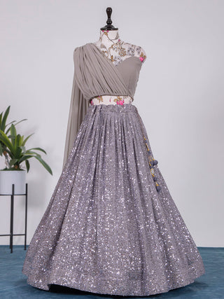 Grey Color Sequins And Thread Work Georgette Lehenga Choli Clothsvilla