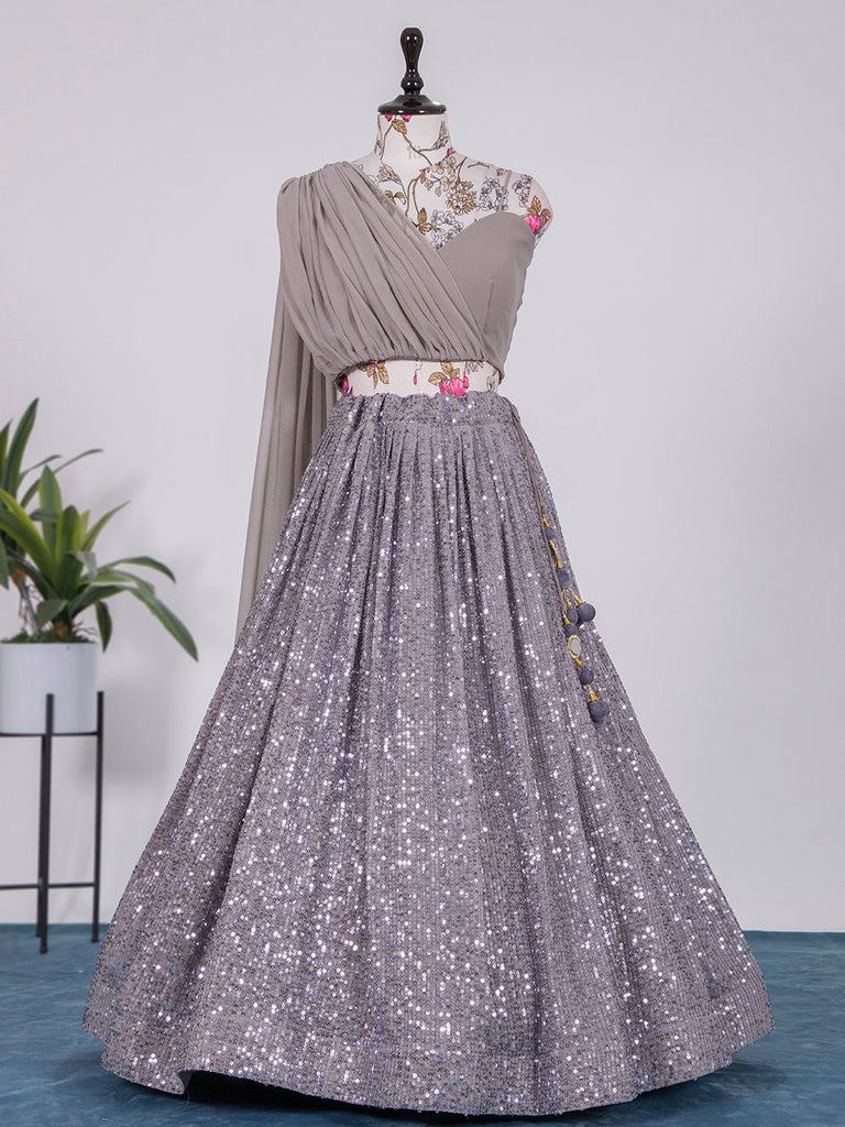 Grey Color Sequins And Thread Work Georgette Lehenga Choli Clothsvilla