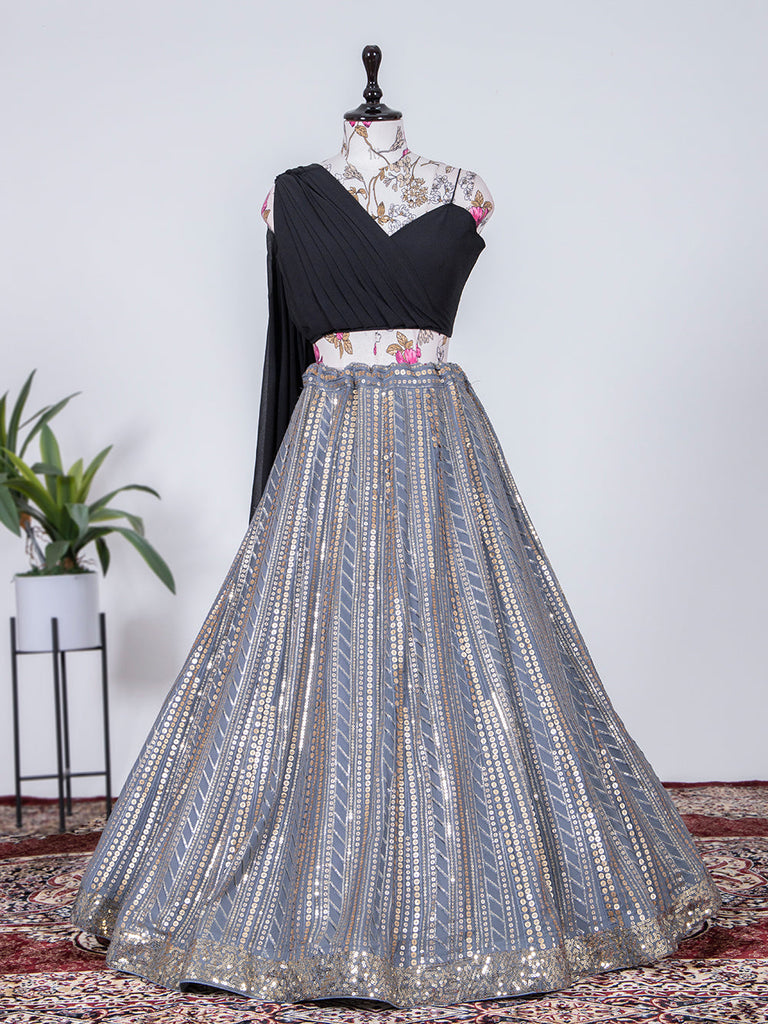 Grey Color Sequins And Thread Embroidery Work Georgette Lehenga Choli Clothsvilla