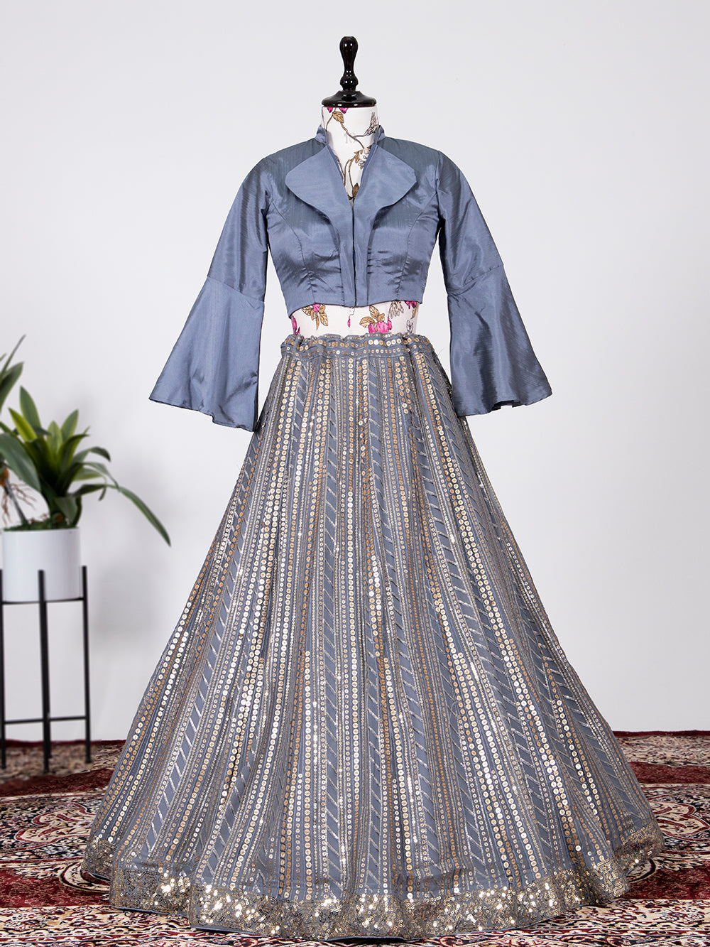 Grey Color Sequins And Thread Embroidery Work Georgette Lehenga Choli Clothsvilla