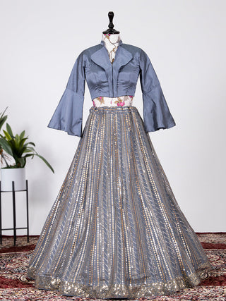 Grey Color Sequins And Thread Embroidery Work Georgette Lehenga Choli Clothsvilla