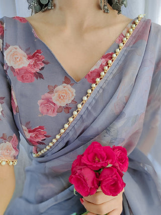 Grey Color Printed With Pearl Lace Border Georgette Saree Clothsvilla