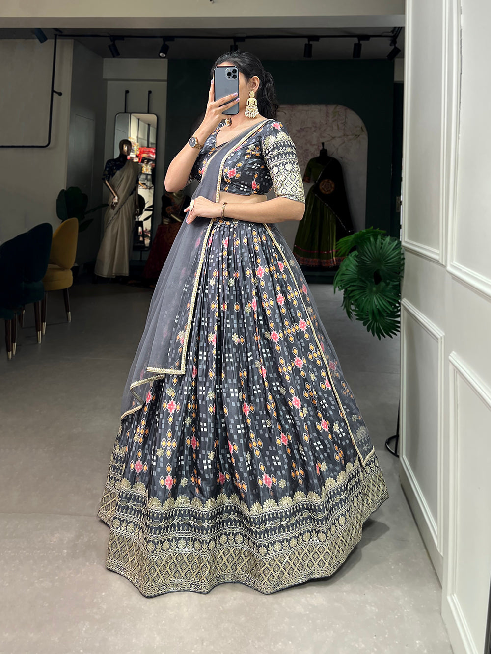 Grey Color Digital Printed Sequins And Embroider Work Chinon Brides Maids Lehenga Choli Clothsvilla