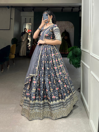 Grey Color Digital Printed Sequins And Embroider Work Chinon Brides Maids Lehenga Choli Clothsvilla