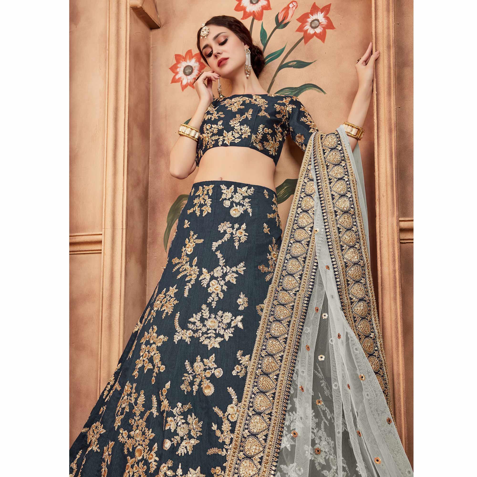 Grey Festive Wear Dori Sequins Work Art Silk Lehenga Choli Clothsvilla