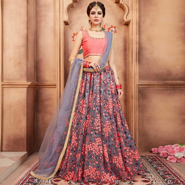 Cream Wedding Wear Floral Embroidery & Resham Work Silk Lehenga Choli