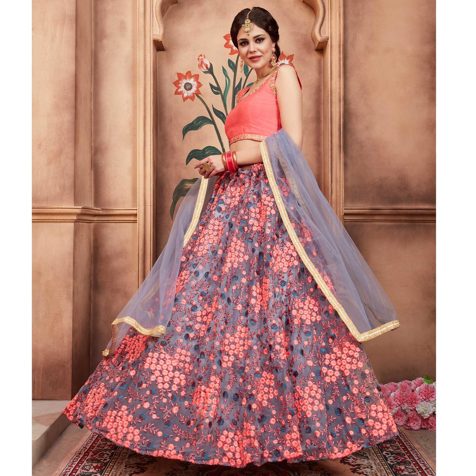 Grey Festive Wear Thread Zari Work Soft Net Lehenga Choli Clothsvilla