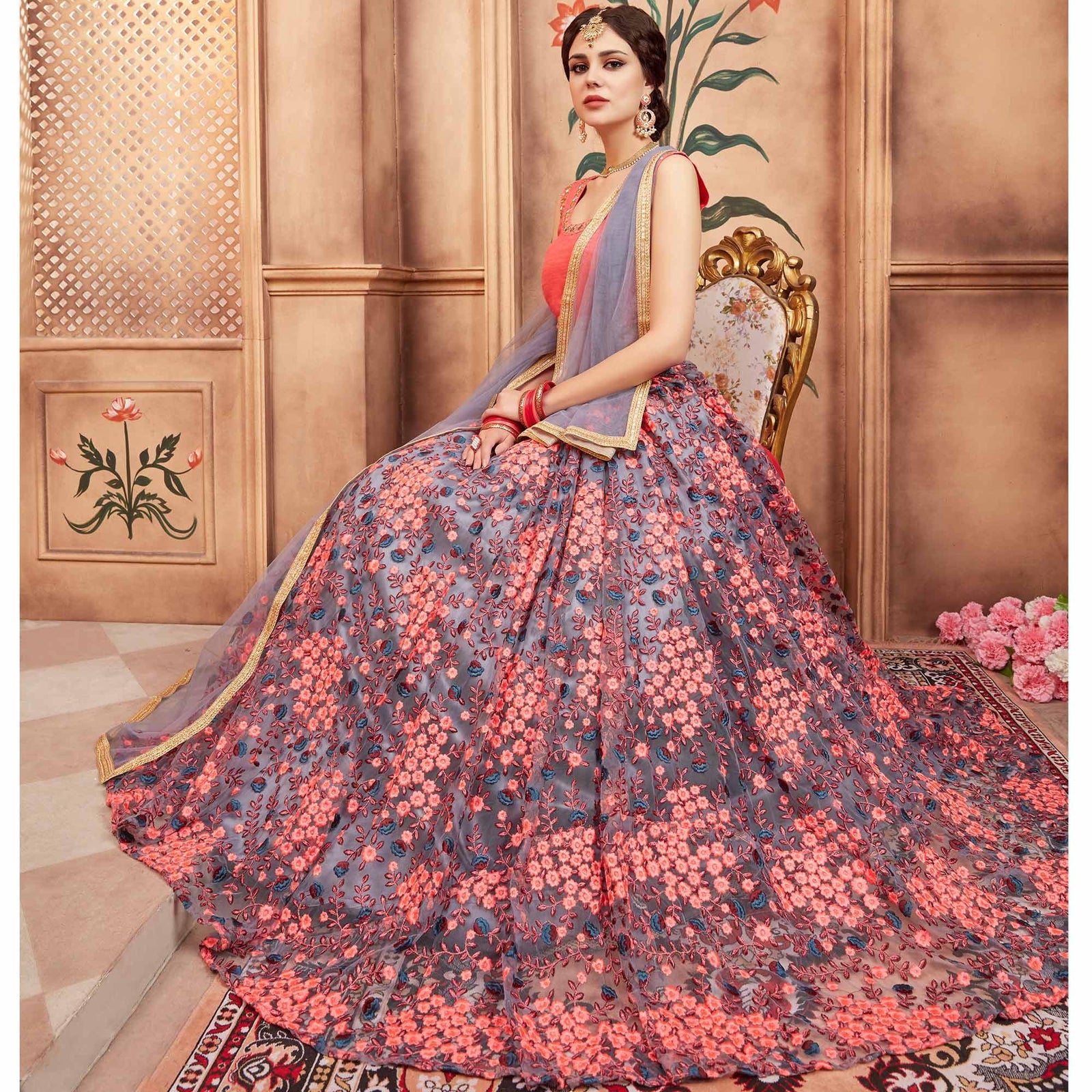Grey Festive Wear Thread Zari Work Soft Net Lehenga Choli Clothsvilla