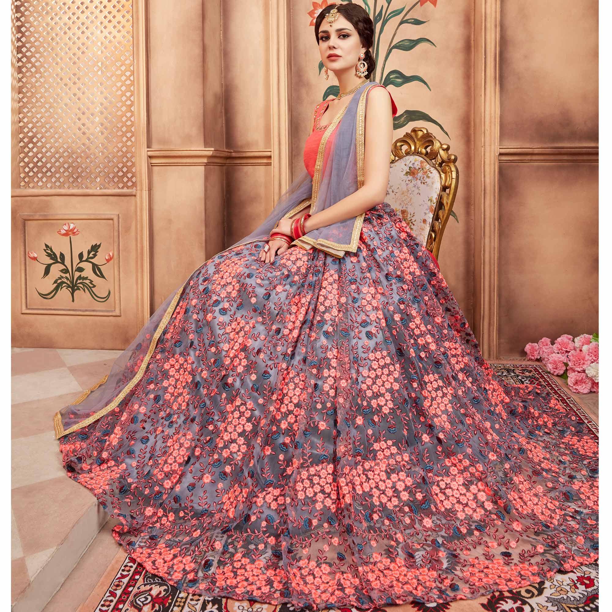 Grey Festive Wear Thread Zari Work Soft Net Lehenga Choli Clothsvilla