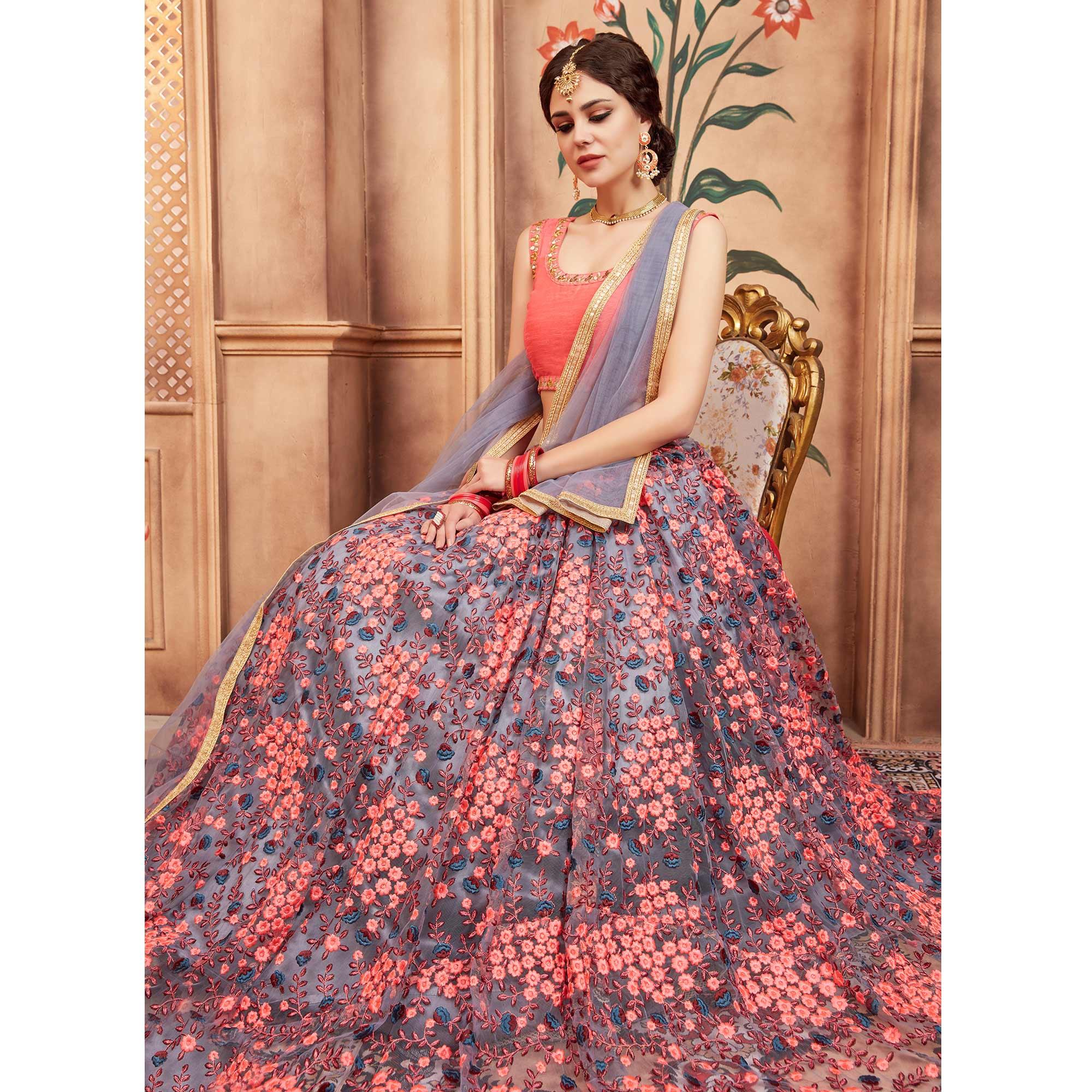 Grey Festive Wear Thread Zari Work Soft Net Lehenga Choli Clothsvilla
