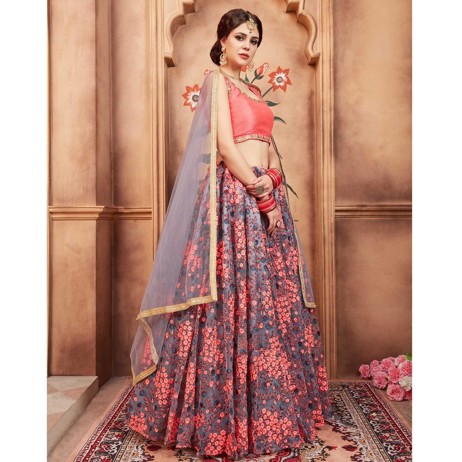 Grey Festive Wear Thread Zari Work Soft Net Lehenga Choli Clothsvilla