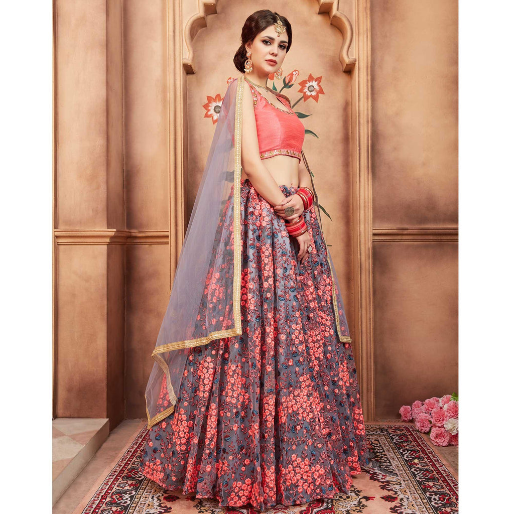 Grey Festive Wear Thread Zari Work Soft Net Lehenga Choli Clothsvilla