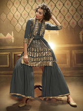 Load image into Gallery viewer, Grey Net Embroidered Partywear Sharara Suit Clothsvilla