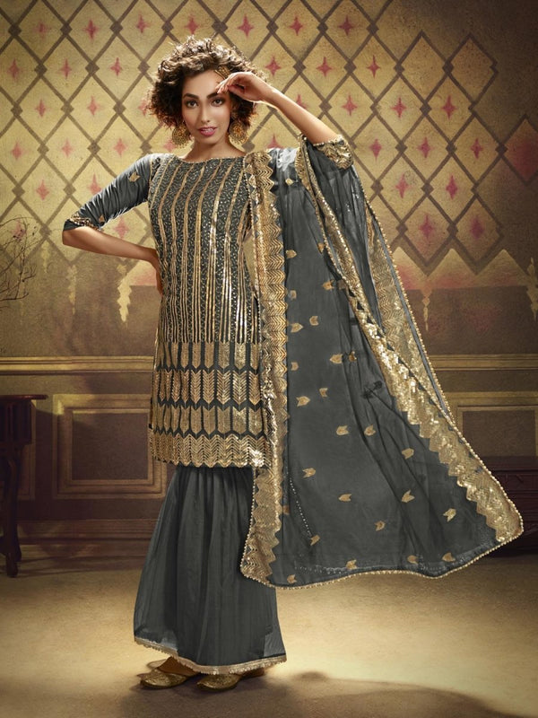 Grey Net Embroidered Partywear Sharara Suit Clothsvilla